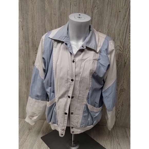 The Unbranded Brand Jackets & Blazers - Women's MED White Blue Jacket Snaps Long Sleeve Stripes Pockets Cotton Nylon